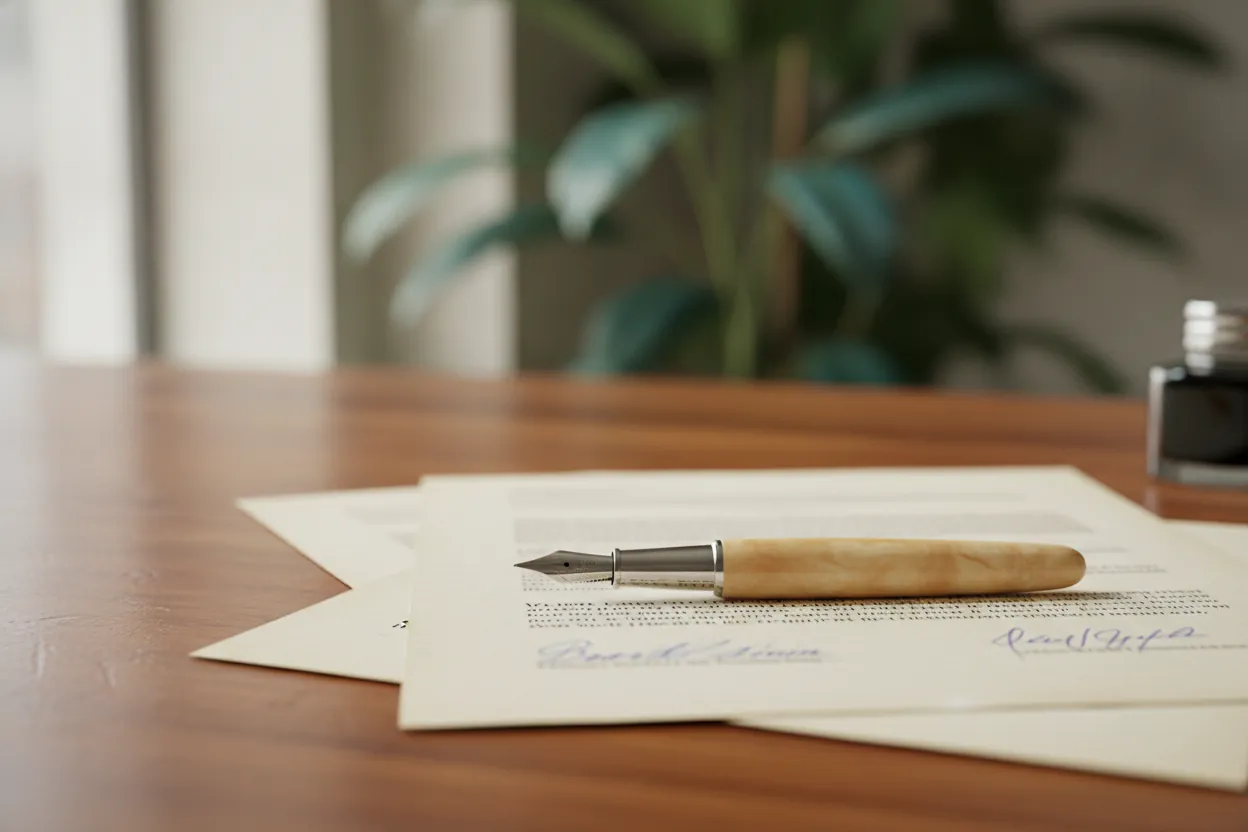 Caneta-tinteiro repousada sobre contrato assinado em mesa de madeira