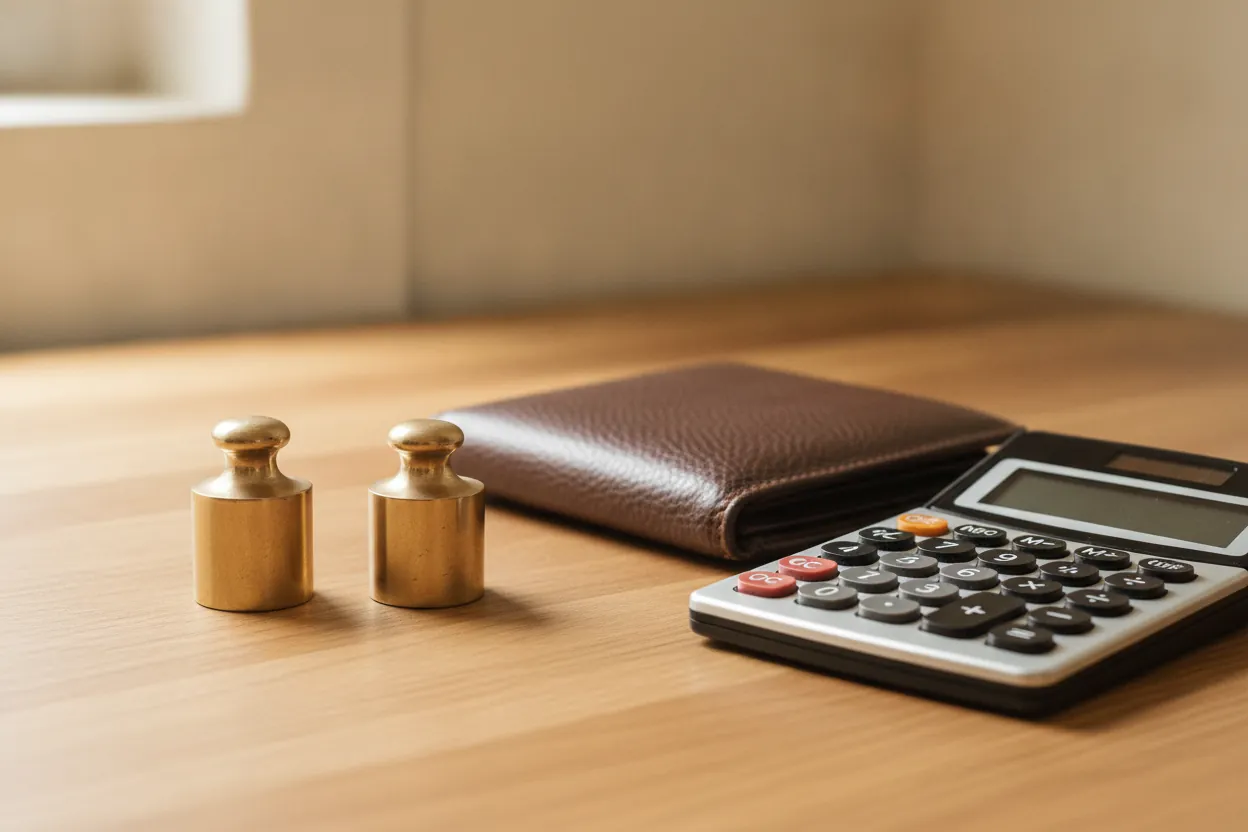 Dois pesos de latão lado a lado sobre a mesa, com carteira de couro e calculadora