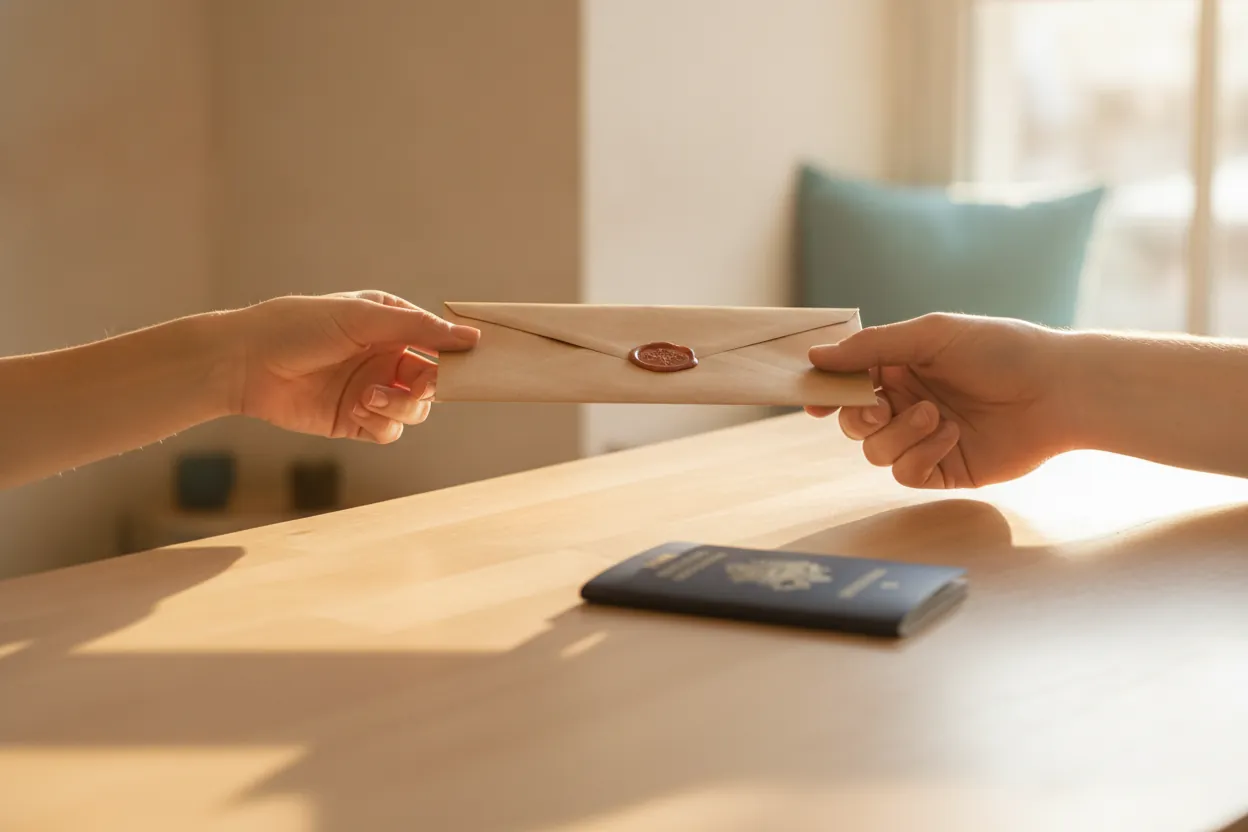 Mãos entregando um envelope lacrado sobre o balcão, com passaporte ao lado