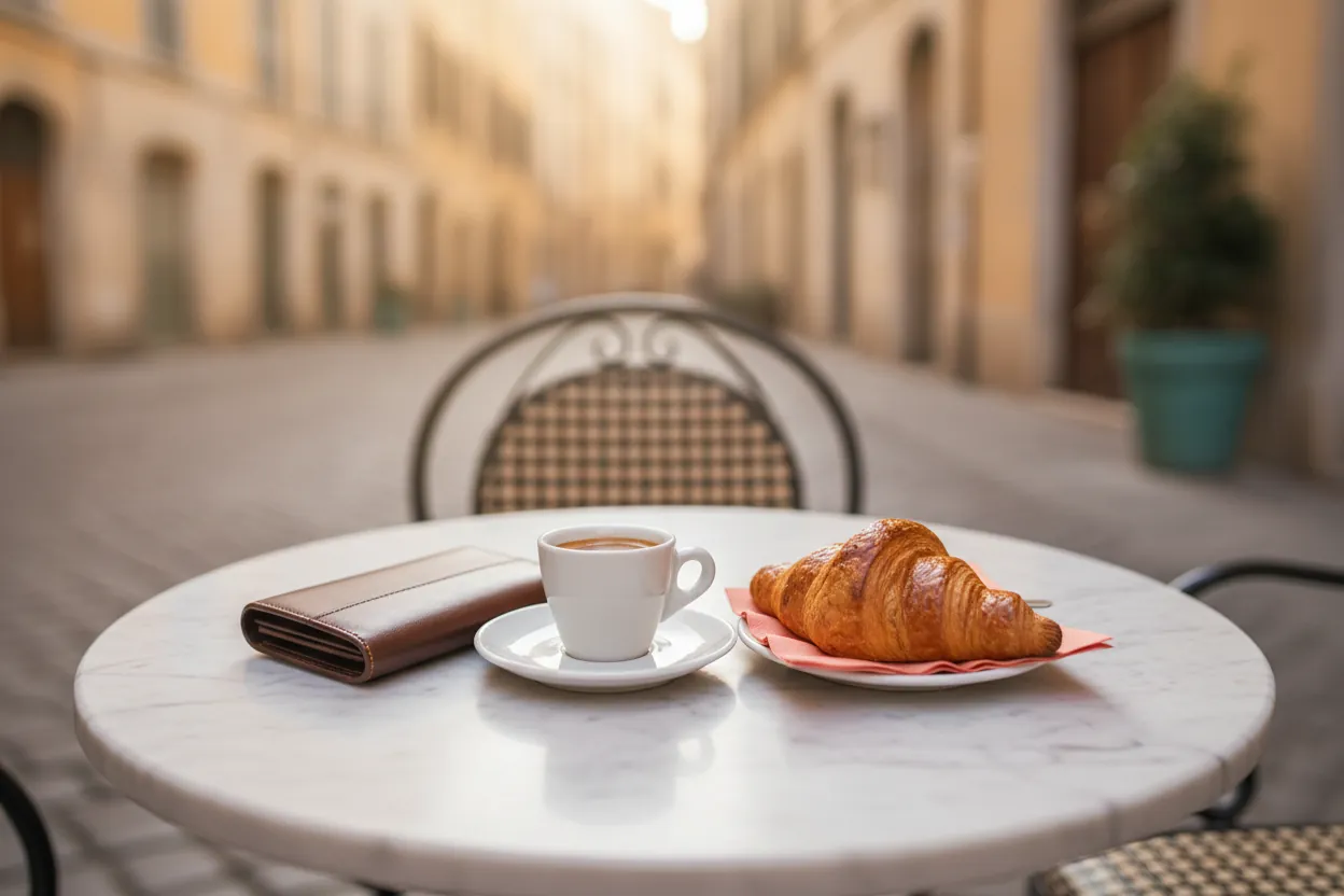 Xícara de café e croissant sobre mesa de mármore em calçada de rua europeia