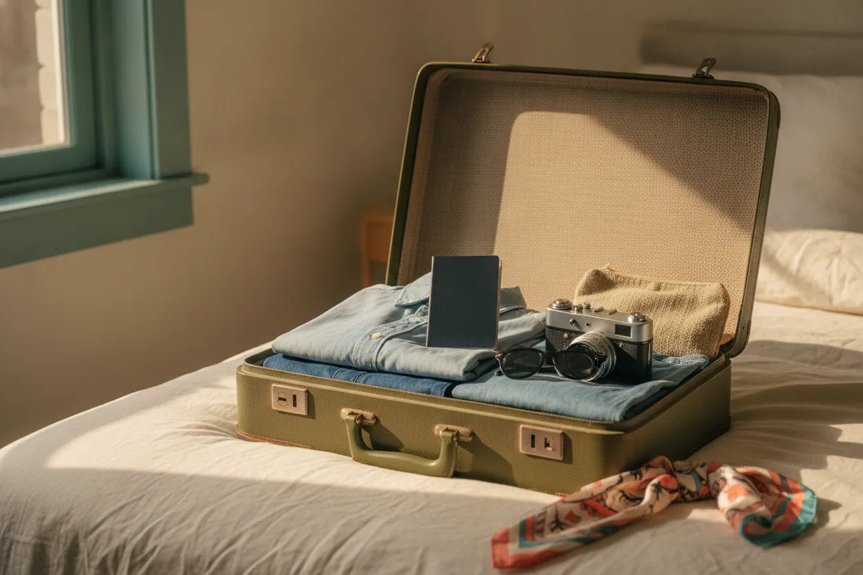 Mala de viagem aberta sobre a cama com roupas dobradas, passaporte, câmera e óculos de sol
