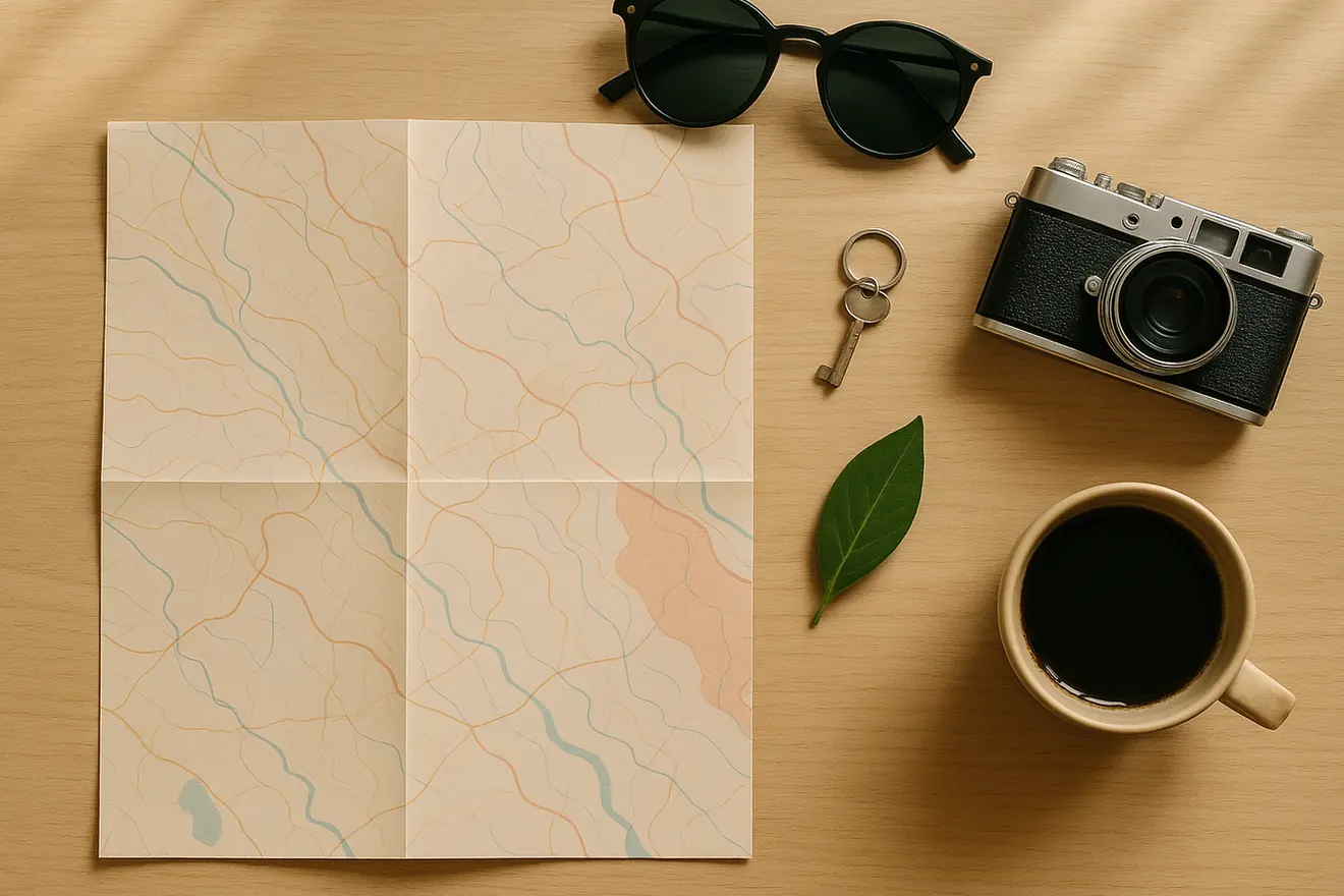 Mesa de madeira com mapa aberto, óculos de sol, câmera e caderno de planejamento de viagem
