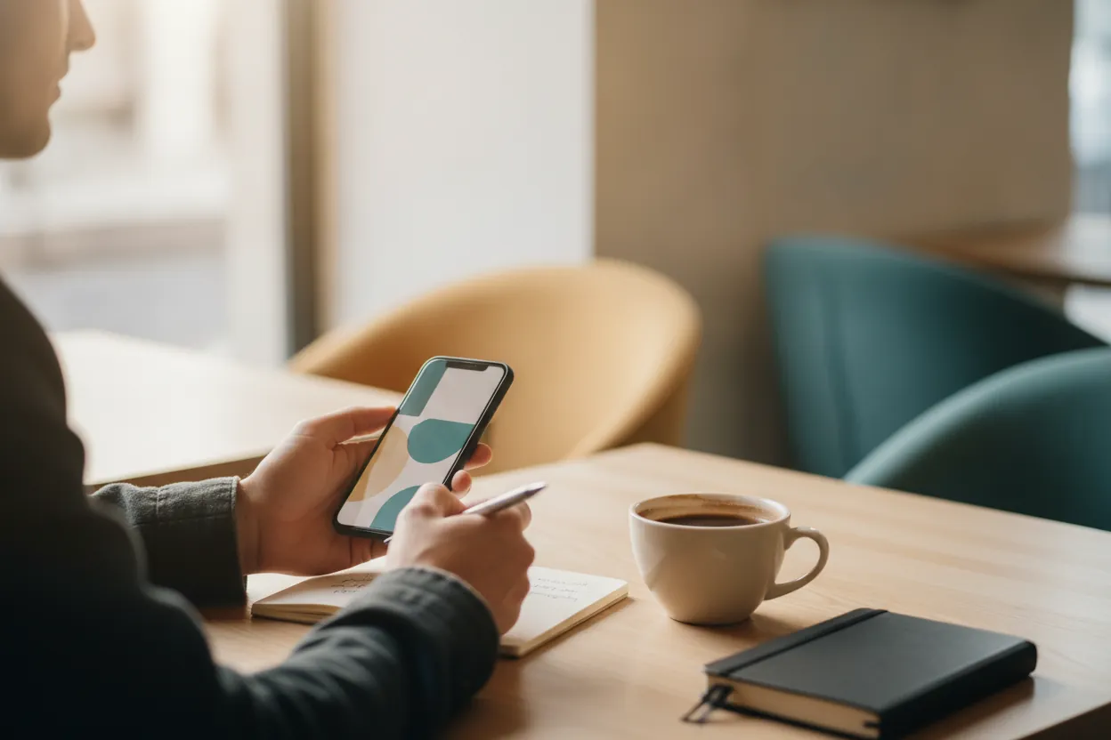 Pessoa em um café usando o celular com caderno de anotações e xícara de café na mesa
