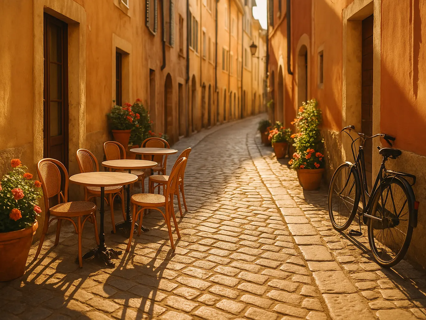 Rua histórica europeia com fachadas em tons terrosos e mesas de café na calçada