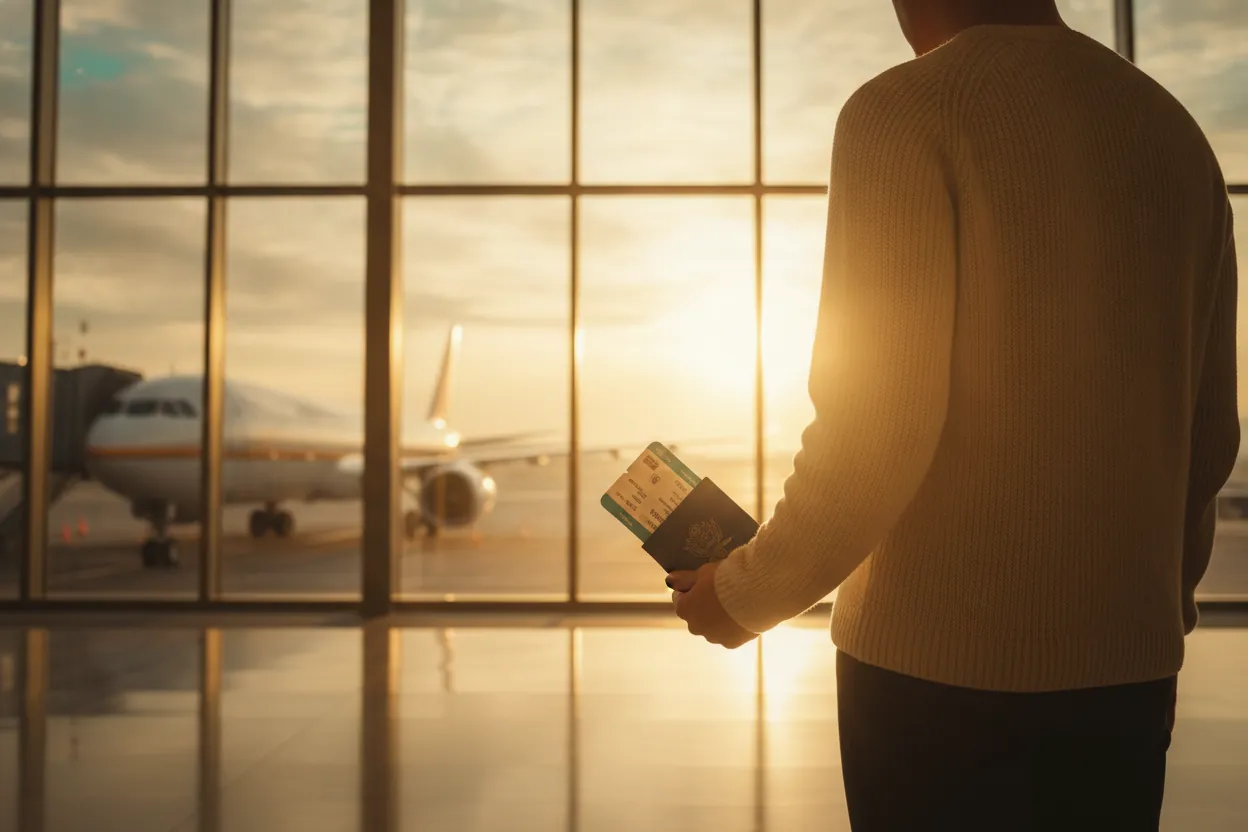 Viajante no terminal do aeroporto ao amanhecer segurando passaporte com cartão de embarque, avião ao fundo